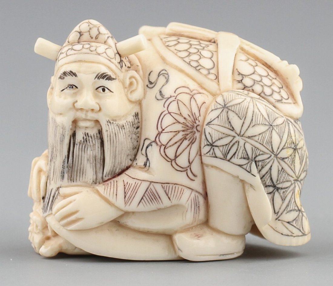 JAPANESE CARVED IVORY NETSUKE BISHAMONTEN & TURTLE