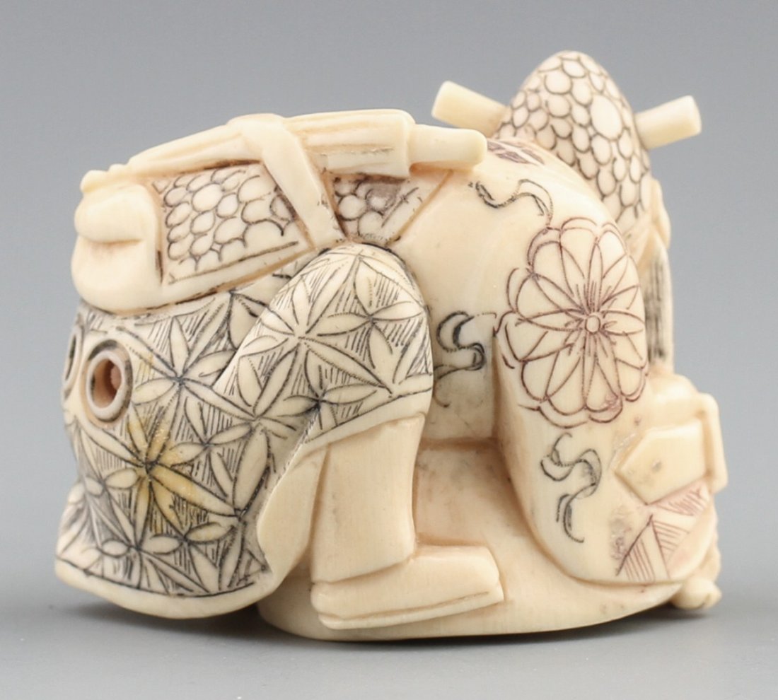 JAPANESE CARVED IVORY NETSUKE BISHAMONTEN & TURTLE - 2