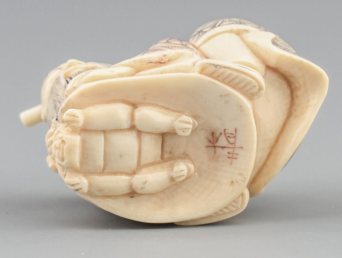 JAPANESE CARVED IVORY NETSUKE BISHAMONTEN & TURTLE - 3