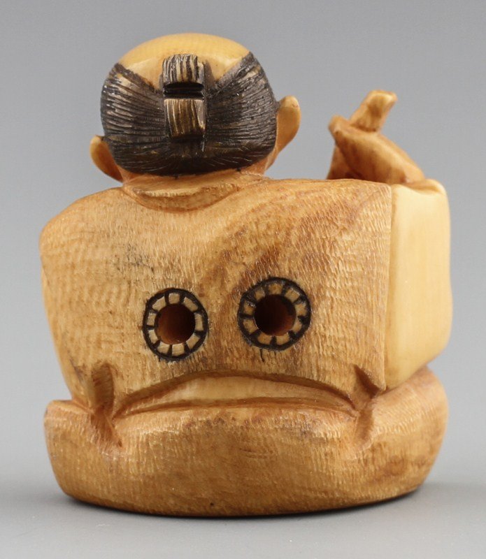JAPANESE CARVED IVORY NETSUKE MAN WITH MASK - 2