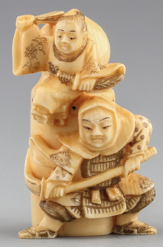 JAPANESE CARVED IVORY NETSUKE WARRIORS