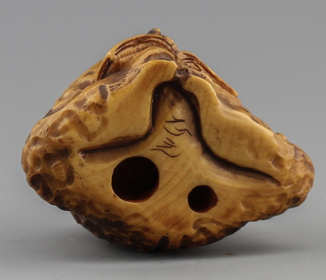 JAPANESE CARVED IVORY NETSUKE WRITING TOAD - 3