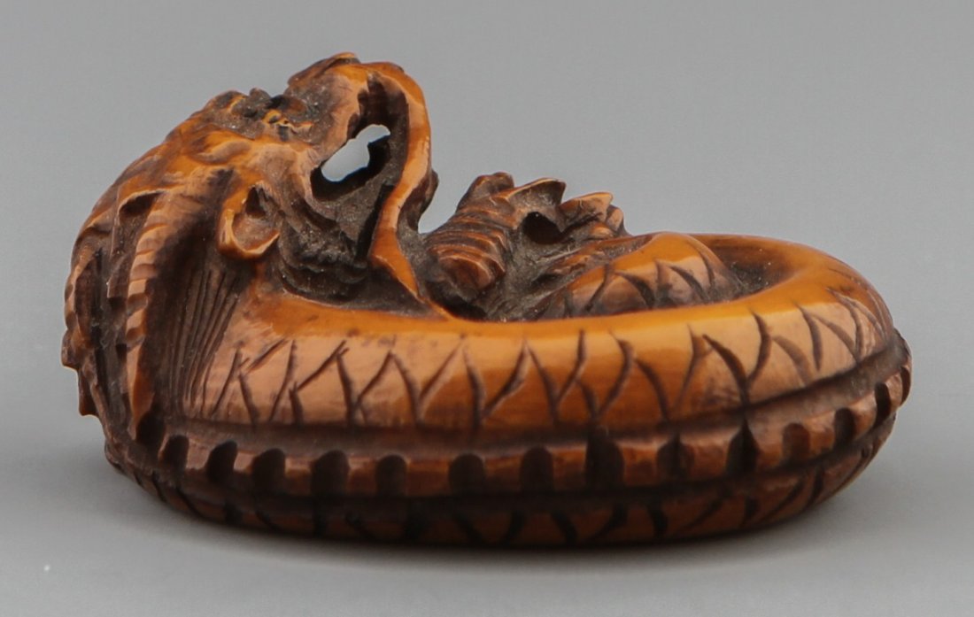JAPANESE CARVED IVORY NETSUKE CURLED DRAGON - 2
