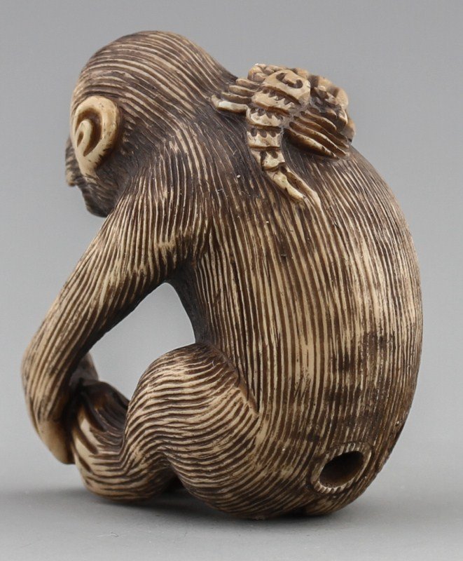 JAPANESE CARVED IVORY NETSUKE MONKEY & SCORPION - 2