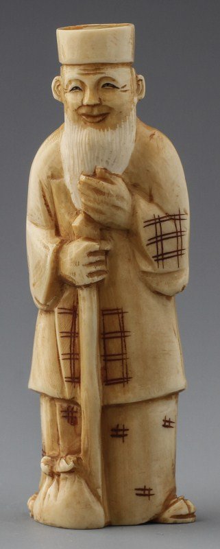 JAPANESE CARVED IVORY NETSUKE JUROJIN: JAPANESE CARVED IVORY NETSUKE JUROJIN Japanese carved ivory netsuke figure of Jurojin. Signature on bottom. Size: 1 x 0.5 x 3.25" Weight: 32.6g