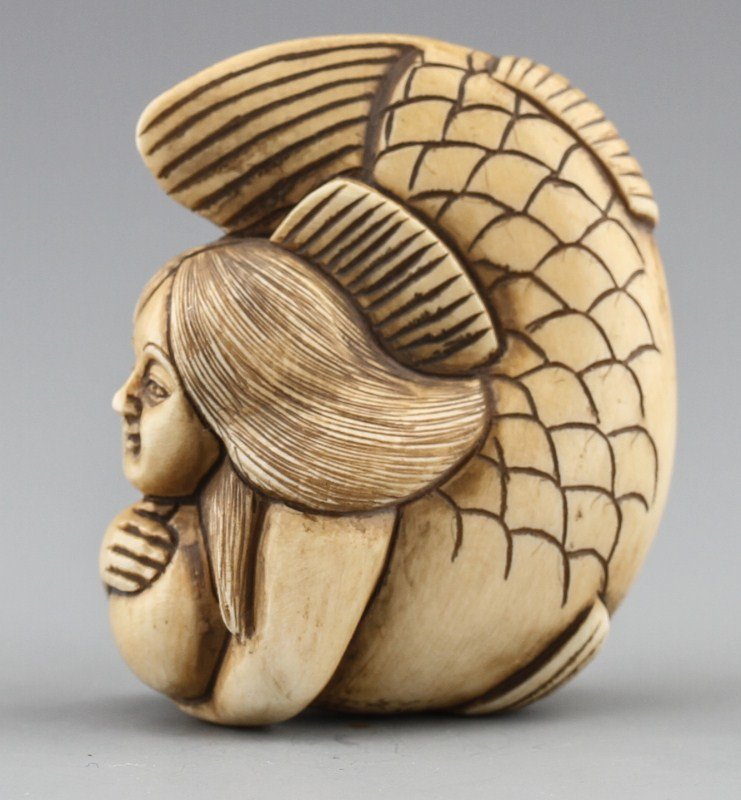 JAPANESE CARVED IVORY NETSUKE MERMAID - 2