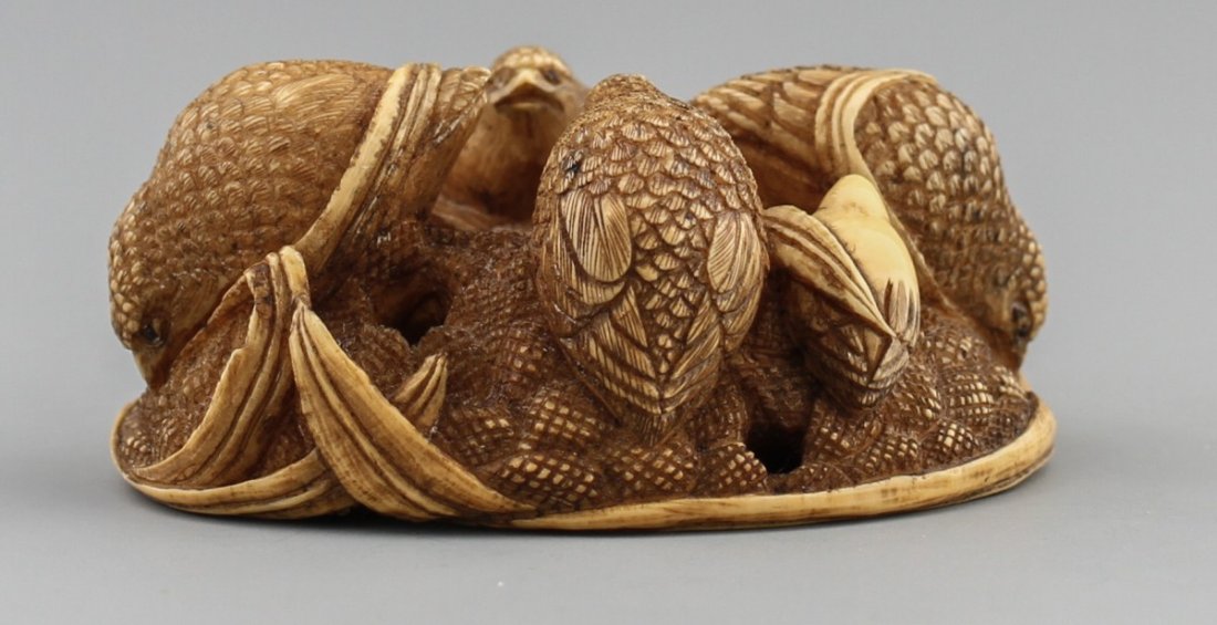 JAPANESE CARVED IVORY NETSUKE OF SIX PHEASANTS