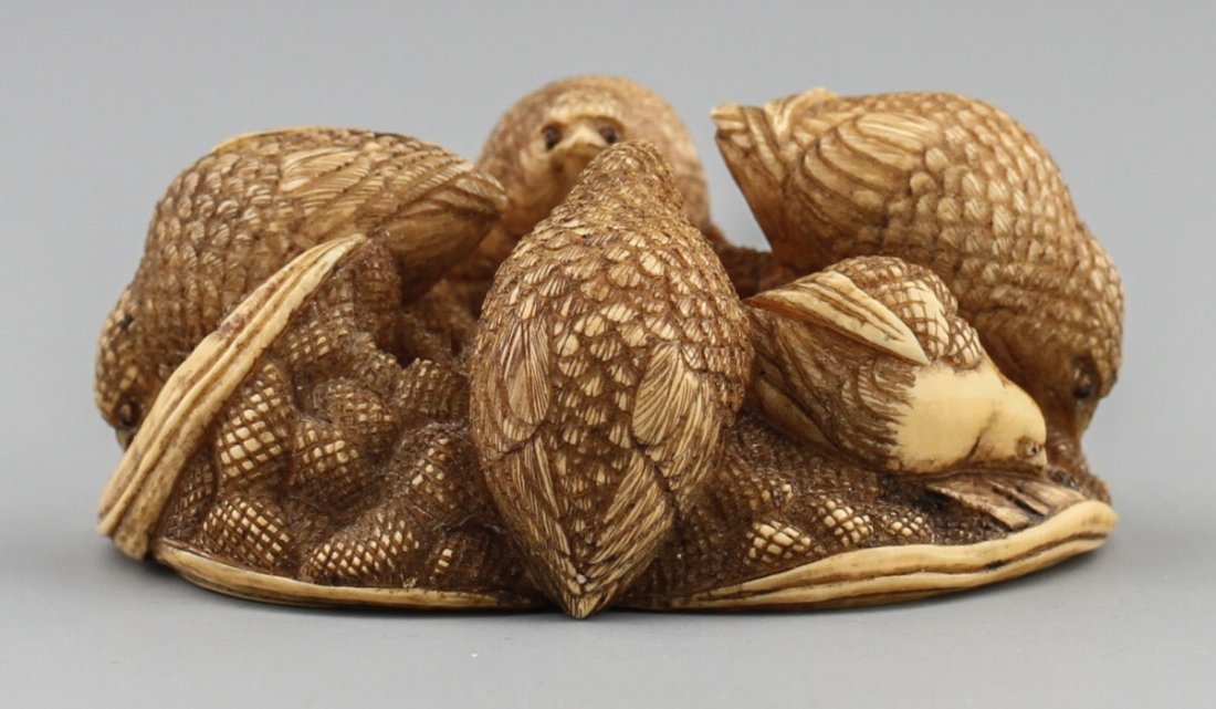JAPANESE CARVED IVORY NETSUKE OF SIX PHEASANTS - 2