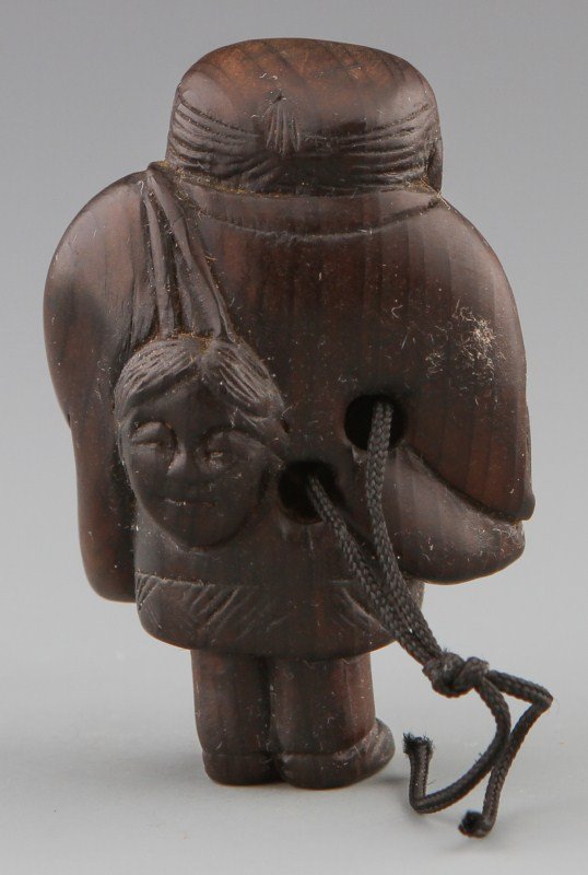 JAPANESE CARVED WOODEN NETSUKE MAN WITH MASK - 2
