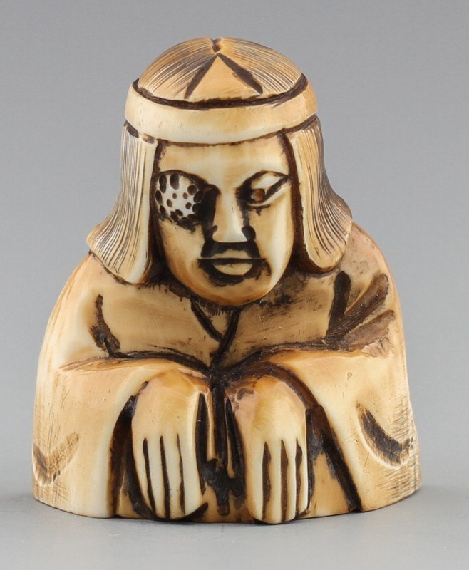 JAPANESE CARVED IVORY NETSUKE EYEPATCH WOMAN