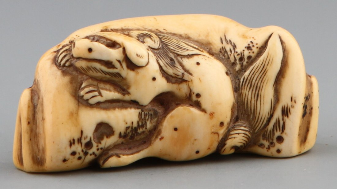 JAPANESE CARVED IVORY NETSUKE SNEAKY TANUKI: JAPANESE CARVED IVORY NETSUKE SNEAKY TANUKI Japanese carved ivory netsuke of sneaky Tanuki against rocky wall, mottled patina. Size: 0.75 x 2" Weight: 18.8g