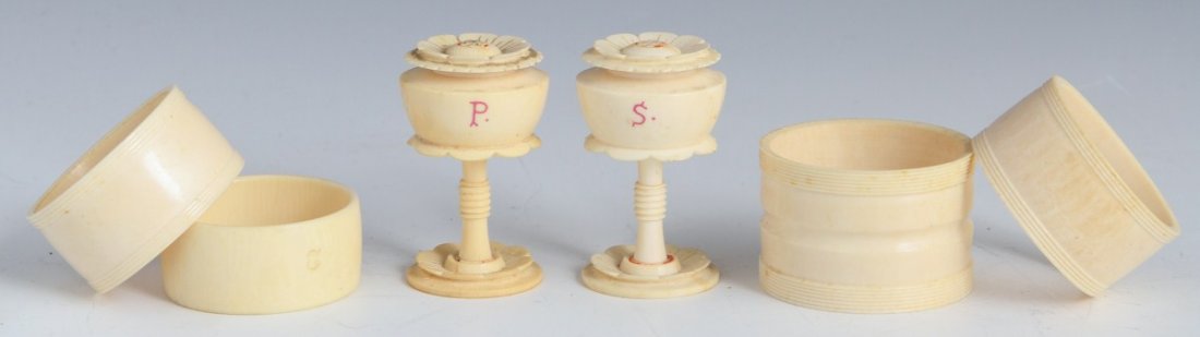 (4) IVORY NAPKIN RINGS & SALT/PEPPER SHAKERS: (4) IVORY NAPKIN RINGS & SALT/PEPPER SHAKERS Six pieces of carved ivory, including four napkin rings in three styles and a pair of Asian carved ivory salt and pepper shakers, engraved "S" and "P" with