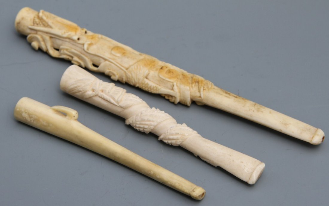 chinese ivory cigarette holder Holders with Painted and Carved Designs - Ivory Fine Antique Chinese Faux Ivory