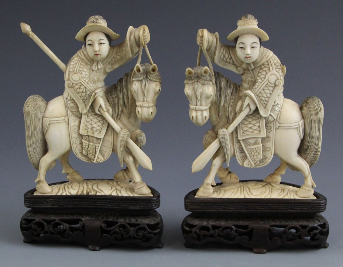 CHINESE CARVED IVORY PAIR OF MONGOLIAN ARCHERS: CHINESE CARVED IVORY PAIR OF MONGOLIAN ARCHERS Pair of late 19th, early 20th century carved ivory figures of Mongolian Archers. Both riders on horseback with spears. Overall good condition with some l