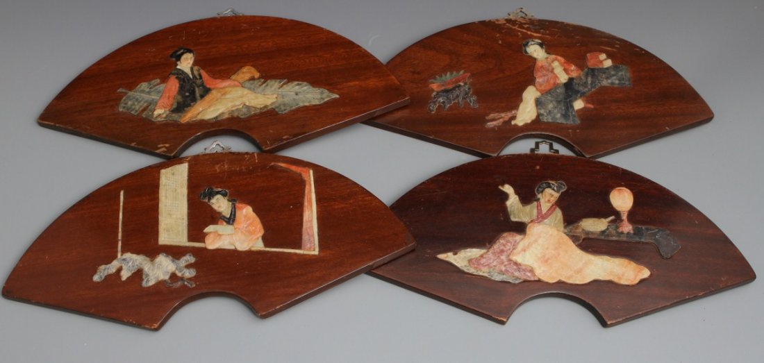 CHINESE LATE QING FOUR BEAUTIES STONE WALL DECOR: CHINESE LATE QING FOUR BEAUTIES STONE WALL DECOR A set of four teak fans with inlaid relief of four beauties in various stones, including: amber, carnelian, jade, agate, onyx and soapstone. 19th centu