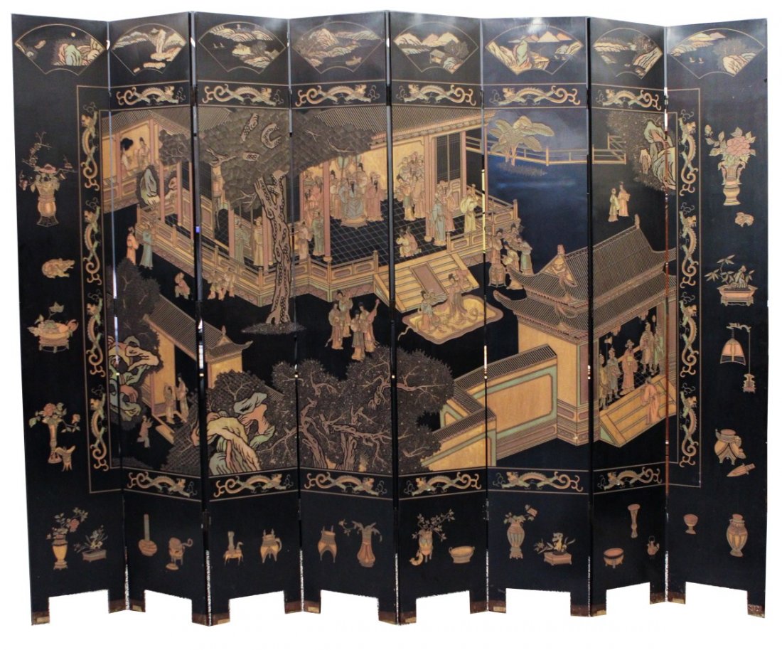 CHINESE EIGHT FOLD COROMANDEL SCREEN: CHINESE EIGHT FOLD COROMANDEL SCREEN Chinese eight fold Coromandel screen, early 20th century. Decorated borders and panels depicting domestic scenes of figures wandering through pavilions. Flowering 