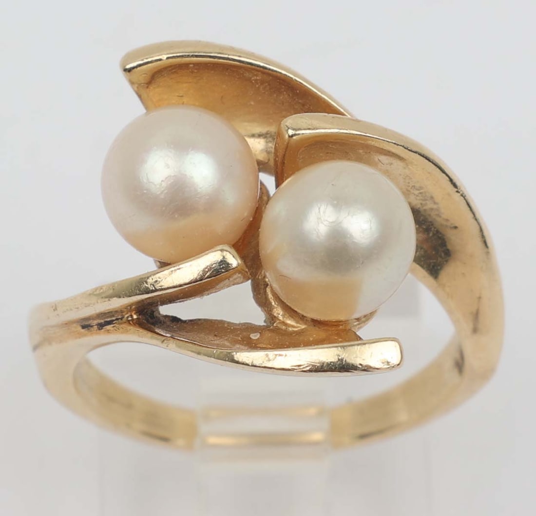 14K YELLOW GOLD DOUBLE PEARL BYPASS RING (1 of 3)