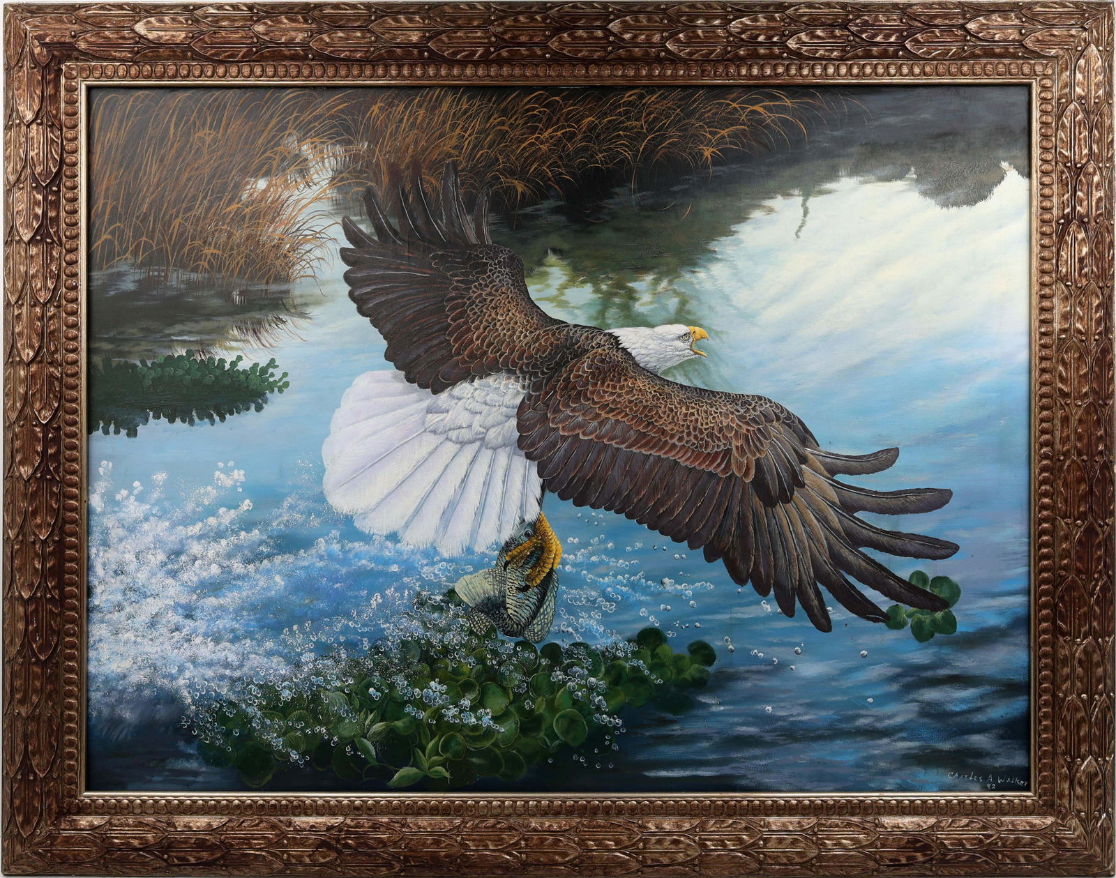 CHARLES WALKER FLORIDA HIGHWAYMEN EAGLE GLORY: Walker, Charles (1946-2022) Florida Highwaymen Painting. Oil on Canvas - signed lower right 1992. The command of focus highlights our symbolic strength of Americas National Icon in full flight. This h