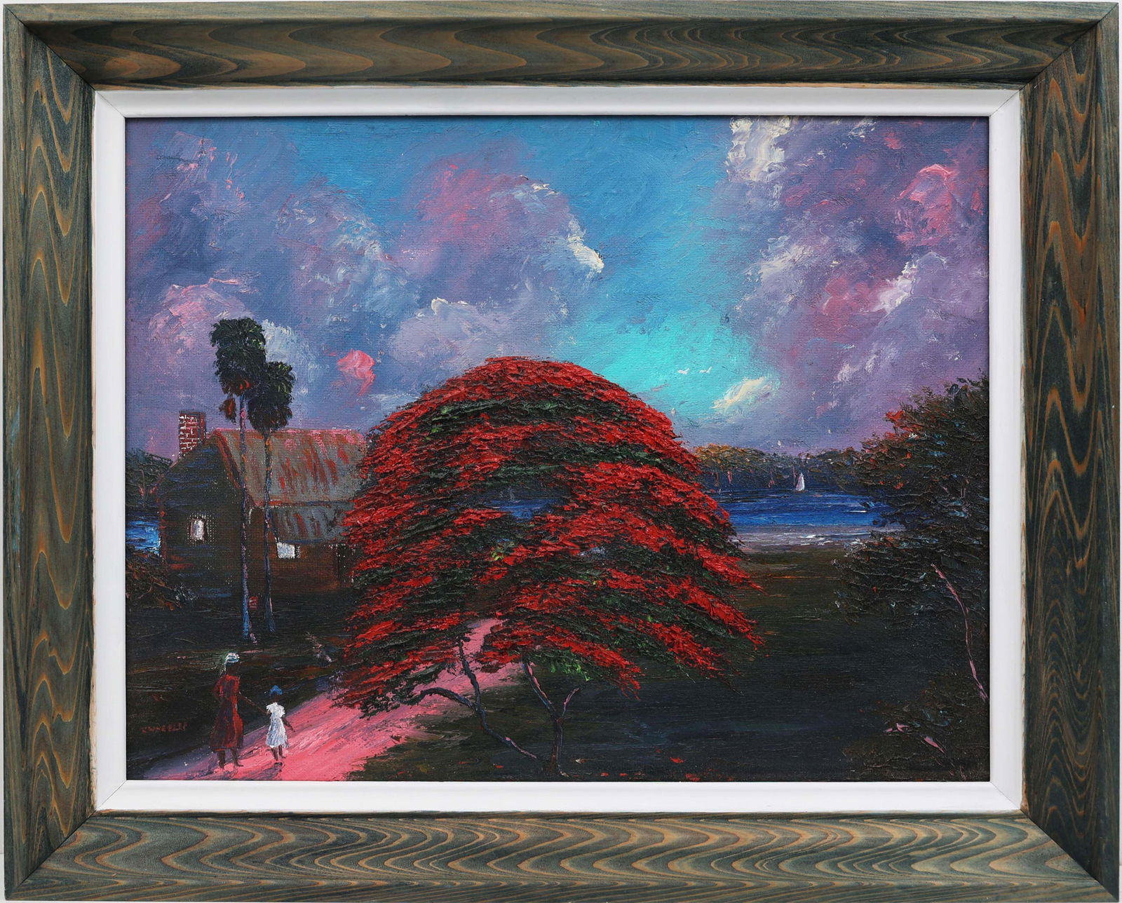 CHICO WHEELER FLORIDA HIGHWAYMEN WALKING HOME: Wheeler, Charles “Chico” (1946-2019) Florida Highwaymen Painting. Oil on Masonite - signed lower right. Executed in thick palette knife. Thick palette-knife strokes shape a dusky sky