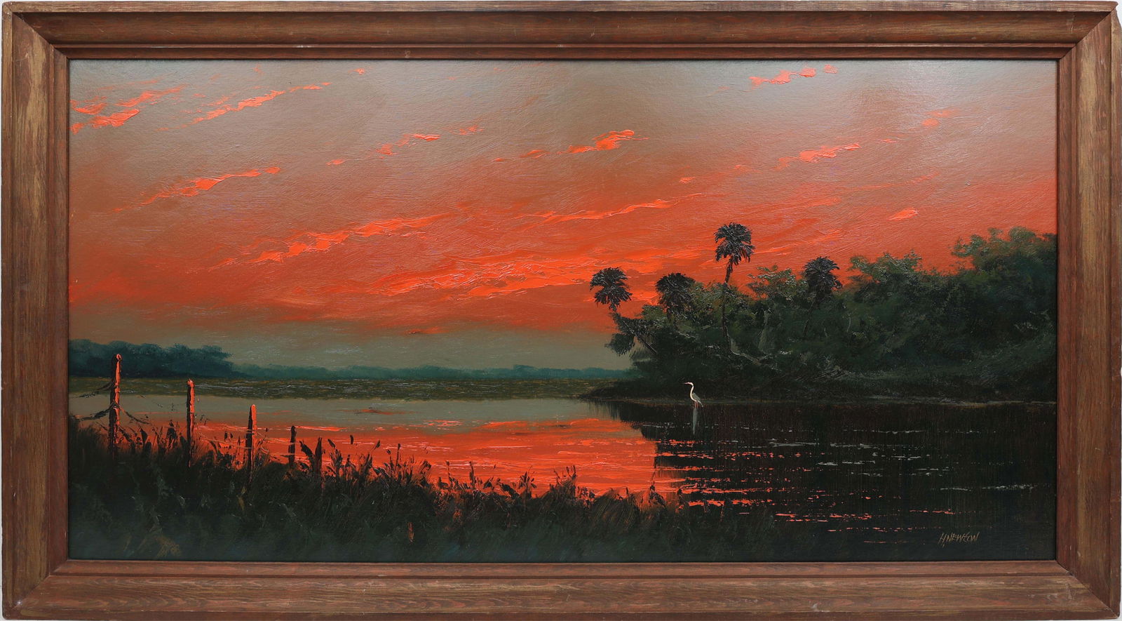 HAROLD NEWTON FLORIDA HIGHWAYMEN BLAZING SKY: Newton, Harold (1934-1994) Florida Highwaymen Painting. Oil on Upson - signed lower right. Fulsome use of Palette throughout. Masterpiece Harold Newton Fire Sky. In 20years of public auction