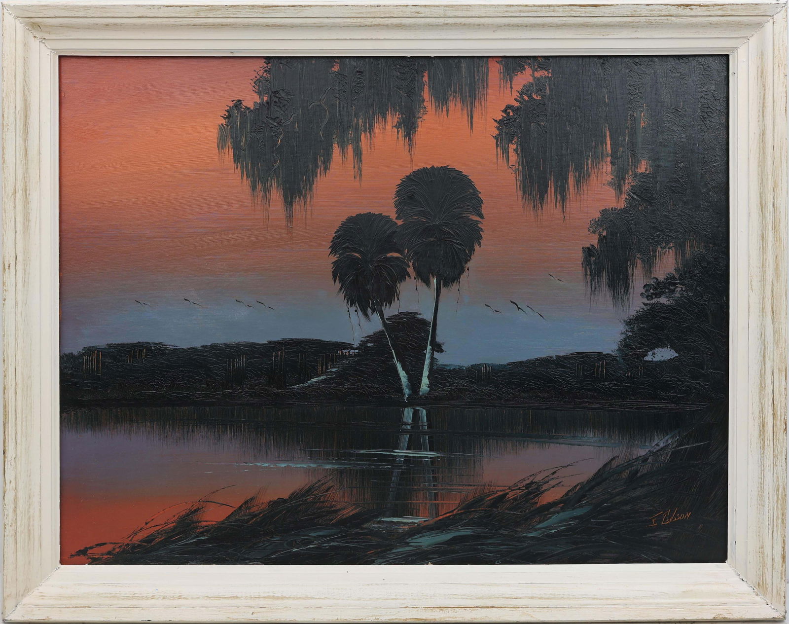 JAMES GIBSON FLORIDA HIGHWAYMEN MOONLIT TWINS: Gibson, James (1938-2017) Florida Highwaymen Painting. Oil on Upson - signed lower right. Executed in brush and palette knife. A James Gibson scene centers twin Shaggy & Scooby palms against a