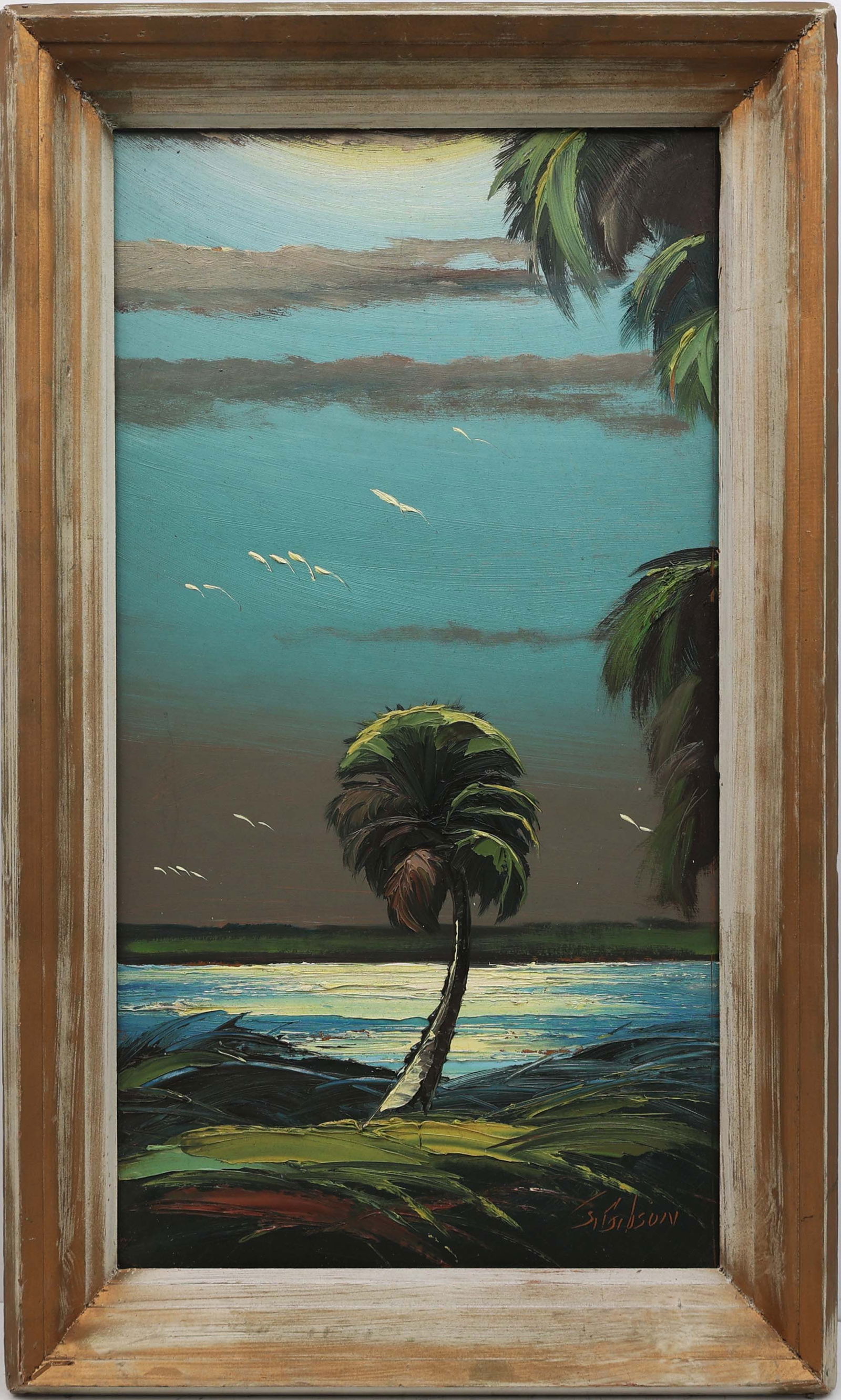 JAMES GIBSON FLORIDA HIGHWAYMEN RIVER SCENE: Gibson, James (1938 - 2017) Florida Highwaymen Painting. Oil on Upson - signed lower right. Executed in pallet knife. Classic vintage Gibson river scene, with moonlit reflected water. Board