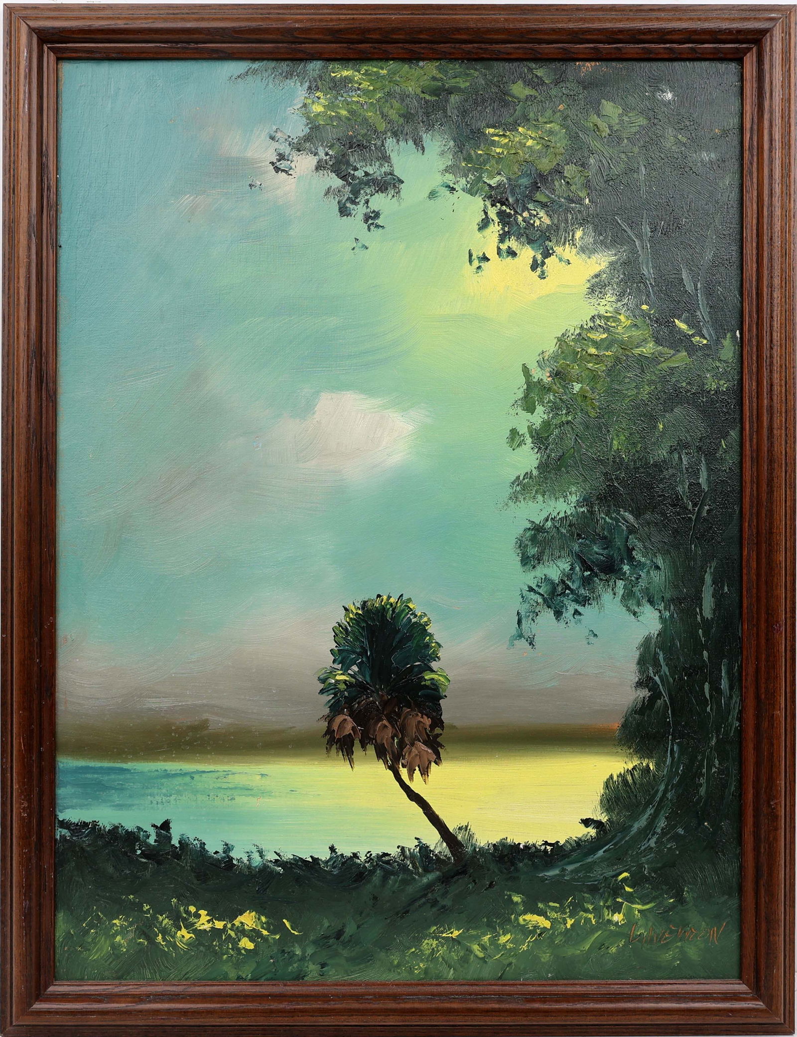 LEMUEL NEWTON FLORIDA HIGHWAYMEN LONE PALM: Newton, Lemuel (1950-2014) Florida Highwaymen Painting. Oil on Upson - signed lower right. Executed in brush and palette knife. a lone palm as a vertical axis, its silhouette punctuating a low horizon