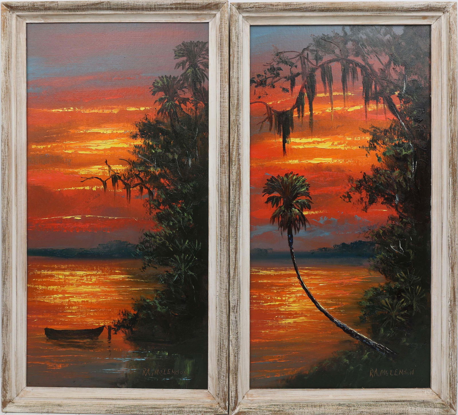 R.A. MCLENDON FLORIDA HIGHWAYMEN PAIR FROM TRYPTIC: McLendon, R.A. “Roy” (1932-2024) Florida Highwaymen Painting. Oil on Upson - signed lower right. Executed in palette knife. Roy McLendon’s museum-caliber fire-sky seizes the viewer: