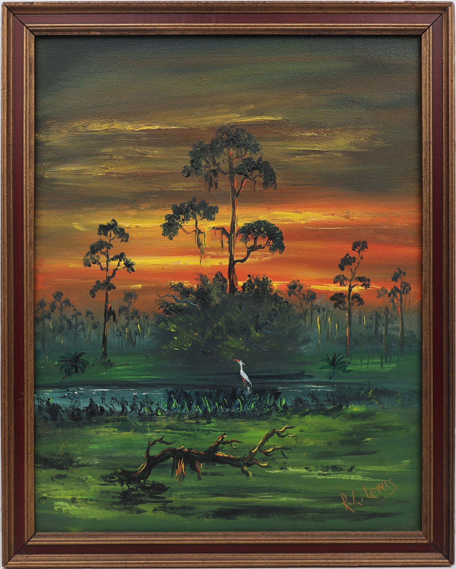 R.L. LEWIS FLORIDA HIGHWAYMEN JUNGLE TRAIL: Lewis, R. L. “Robert” (1941-2026) Florida Highwaymen Painting. Oil on Upson - signed lower right. Executed in brush and palette knife. R.L. Lewis’s early Upson-board Fire sky Wetland
