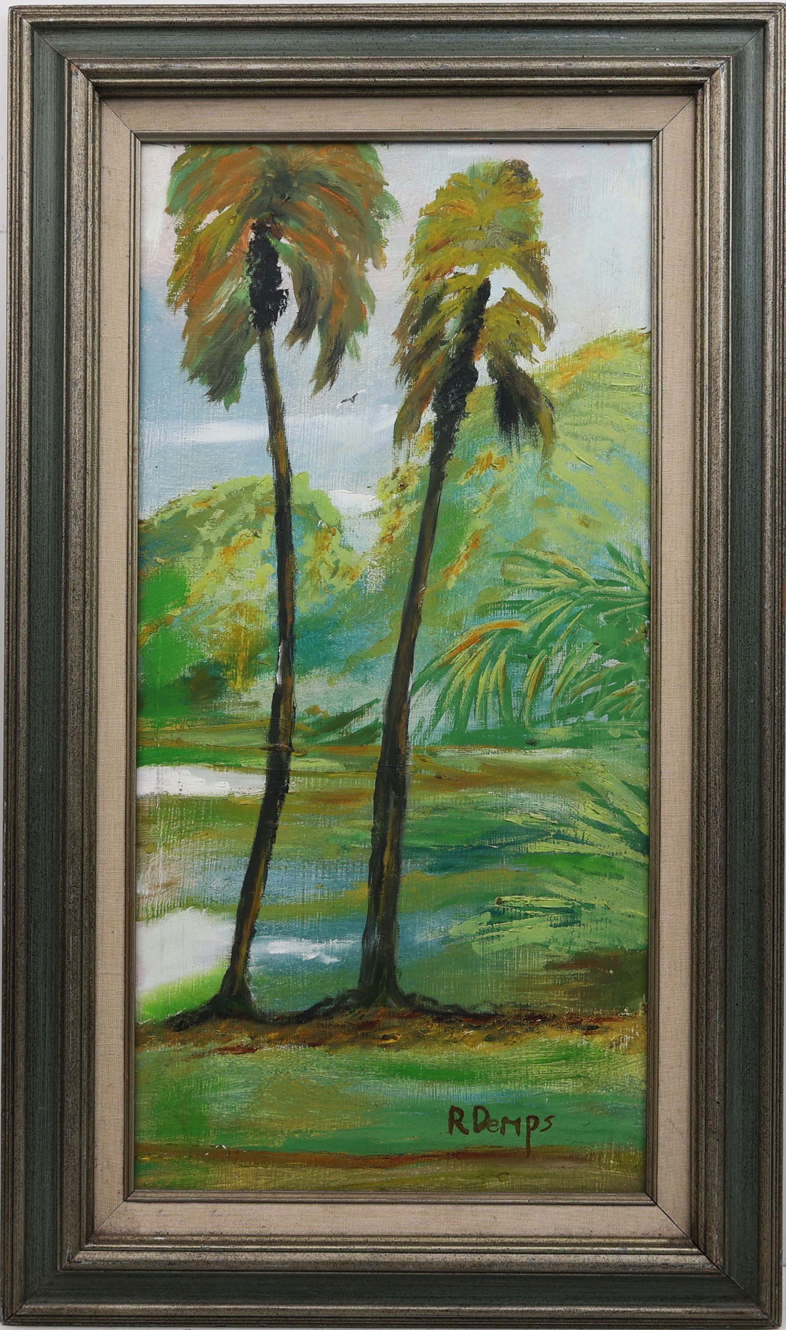RODNEY DEMPS FLORIDA HIGHWAYMEN TWO PALMS: Demps, Rodney (1953- 2020) Florida Highwaymen Painting. Oil on Masonite - signed lower right. Executed in brush and palette knife. Two stately palms rise with quiet authority, their silhouettes framed