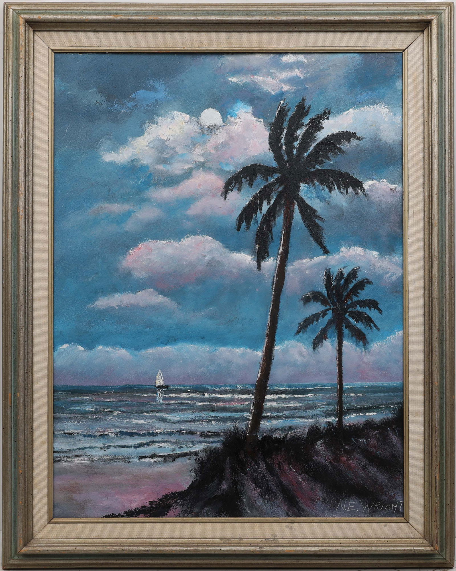 NORMAN WRIGHT FLORIDA ARTIST RIO MAR: Wright, Norman "N.E." Florida Artist - Highwaymen style painting. Oil on Masonite - signed lower right. Moonlit Rio Mar with twin palms and a sailboat. Board measures 18x24framed to overall size of 23