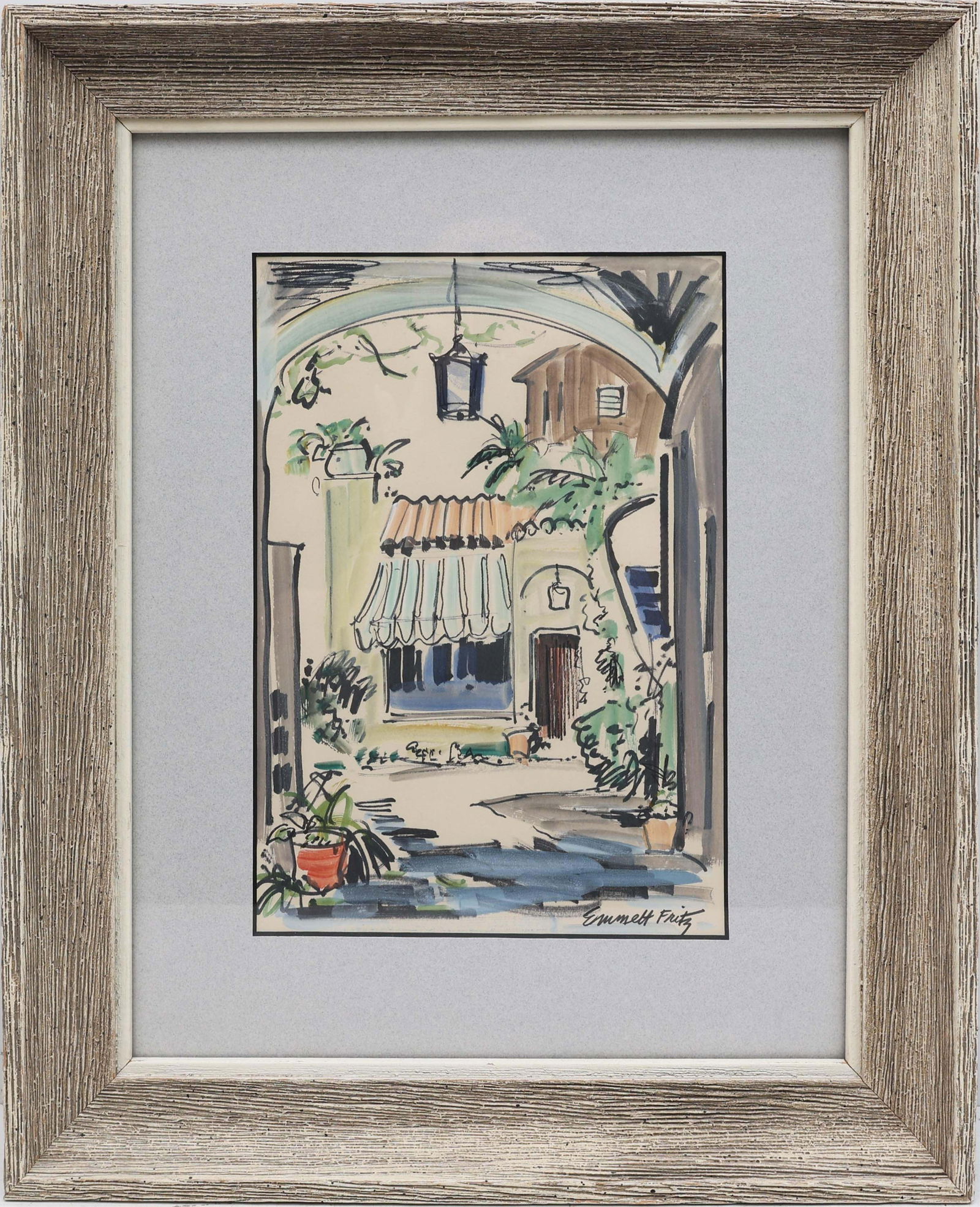 EMMET FRITZ FLORIDA ARTIST COURTYARD SCENE: Fritz, Emmet (American, 1917-1995). Watercolor on paper - signed lower right. Courtyard scene in St Augustine. Image measures 7x10 framed to overall size of14x17. Emmett Fritz was born John Emmett Fri