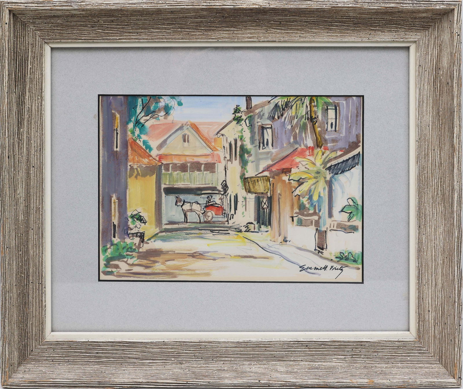 EMMET FRITZ FLORIDA ARTIST HORSE-DRAWN CARRIAGE: Fritz, Emmet (American, 1917-1995). Watercolor on paper - signed lower right. Horse-drawn carriage in St Augustine. Image measures 7x10 framed to overall size of14x17. Emmett Fritz was born John Emmet