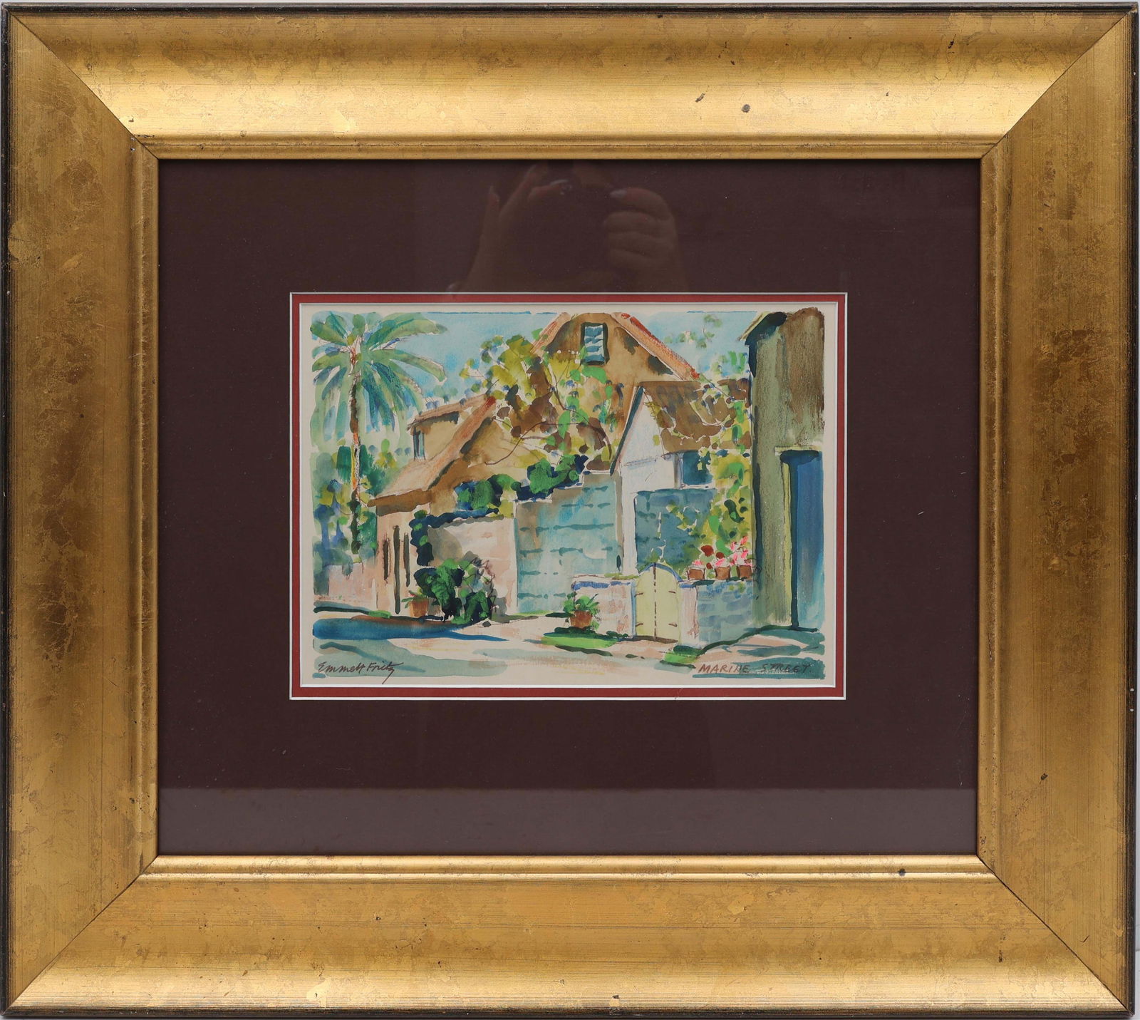 EMMET FRITZ FLORIDA ARTIST MARINE STREET: Fritz, Emmet (American, 1917-1995). Watercolor on paper - signed lower left. Marine Street in St Augustine. Image measures 7.5x11 framed to overall size of 19x22. Emmett Fritz was born John Emmett Fri