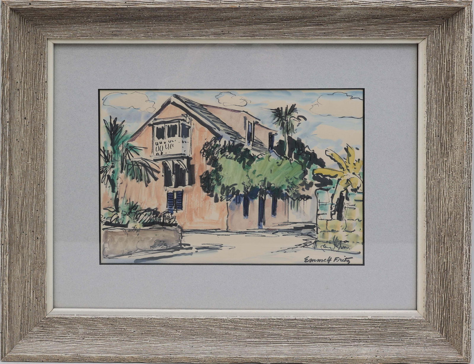 EMMET FRITZ FLORIDA ARTIST PEACH HOUSE: Fritz, Emmet (American, 1917-1995). Watercolor on paper - signed lower right. Peach colored house in St Augustine. Image measures 7x10 framed to overall size of14x17. Emmett Fritz was born John Emmett