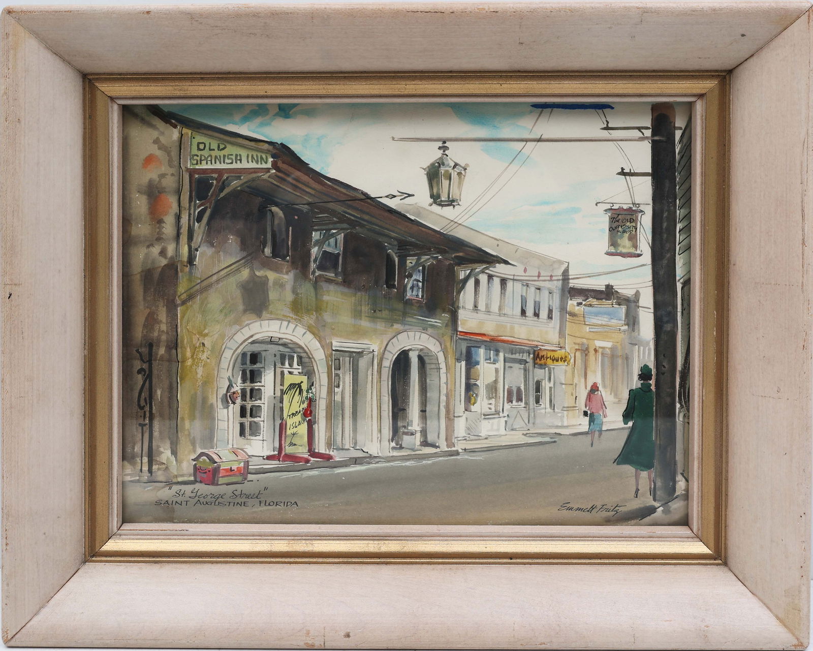 EMMET FRITZ FLORIDA ARTIST ST. GEORGE STREET: Fritz, Emmet (American, 1917-1995). Watercolor on paper - signed lower right. "St. George Street" in St Augustine. Image measures 8x10 framed to overall size of 11x13. Emmett Fritz was born John Emmet