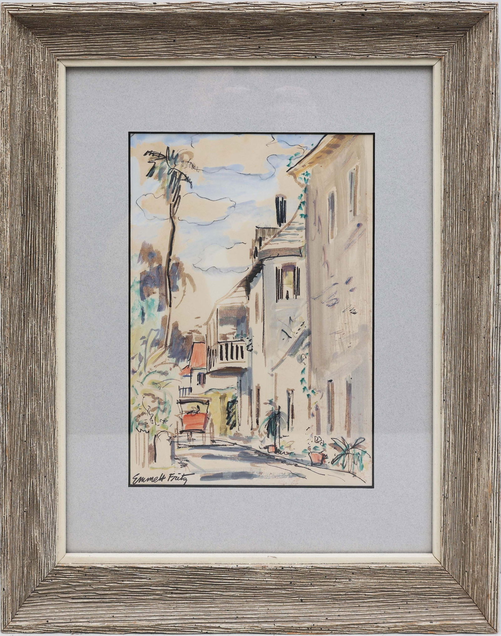 EMMET FRITZ FLORIDA ARTIST STREET SCENE: Fritz, Emmet (American, 1917-1995). Watercolor on paper - signed lower left. Street scene with horse-drawn carriage in St Augustine. Image measures 7x10 framed to overall size of 14x17. Emmett Fritz w