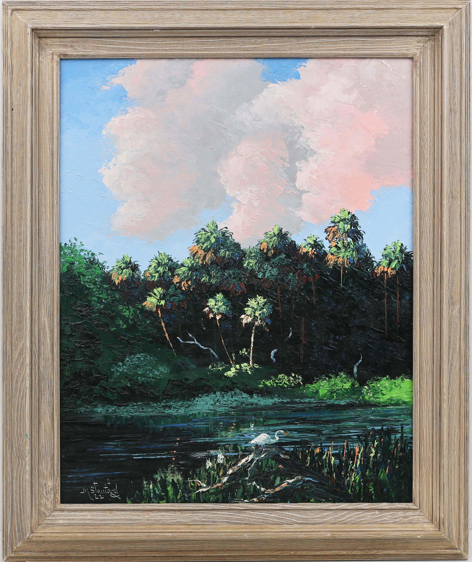 MARK STANFORD FLORIDA ARTIST MYAKKA STATE PARK: Stanford, Mark (B.1959) Florida Artist Painting. Oil on Canvas Board - signed lower left 22. Executed in full palette knife. A quiet river inlet winds through lush vegetation in Myakka River State Par
