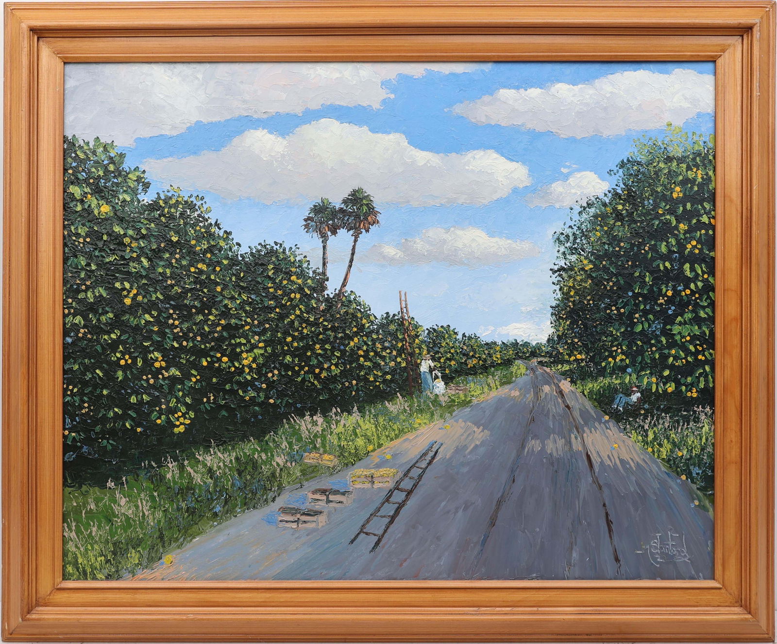 MARK STANFORD FLORIDA ARTIST ORANGES GALORE: Stanford, Mark (B.1959) Florida Artist Painting. Oil on Canvas Board - signed lower right 22. Executed in Full Palette Knife. A rarely seen orange grove by Mark Stanford presents a compact, luminous t