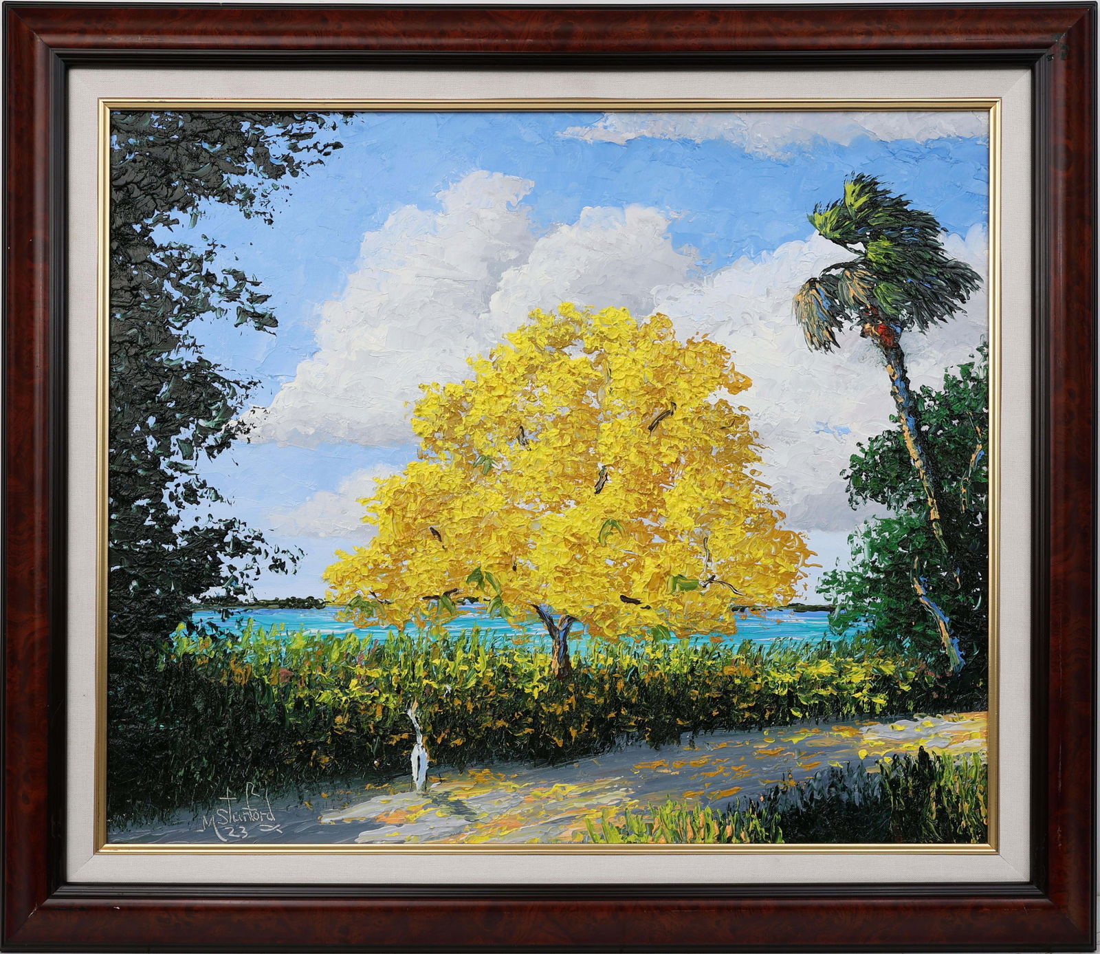 MARK STANFORD FLORIDA ARTIST RIVER ROAD TABEBUIA: Stanford, Mark - Florida Artist Painting. Oil on Canvas Board - signed lower left. Executed in Full Palette Knife. COA on reverse. Saunter along the river road and admire the yellow Tabebuia on a beau