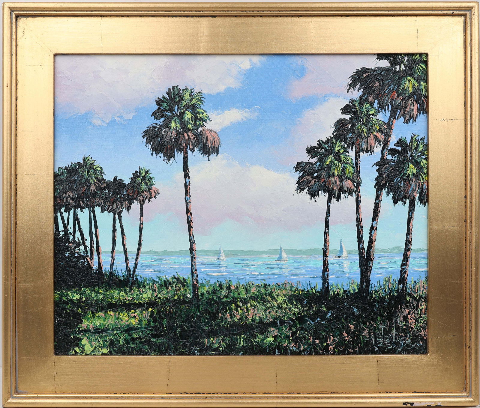 MARK STANFORD FLORIDA ARTIST SAILBOAT RACE: Stanford, Mark (B.1959) Florida Artist Painting. Oil on Canvas Panel - signed lower right. Wrought in full palette knife. Framed by towering palms, three sailboats cut through the river, their sails t