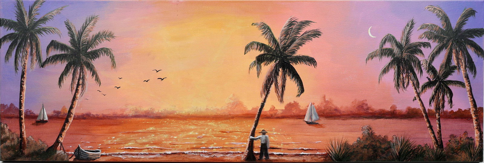 CAROL ANN KNAPP FLORIDA ARTIST SUNSET MUSINGS: Knapp, Carol Ann - Florida Artist Painting. Acrylic on Canvas - signed lower right "Ca" and on verso. Titled "Sunset Musings". Gallery Wrapped Canvas measures 12x36. This self-taught artist moved to V