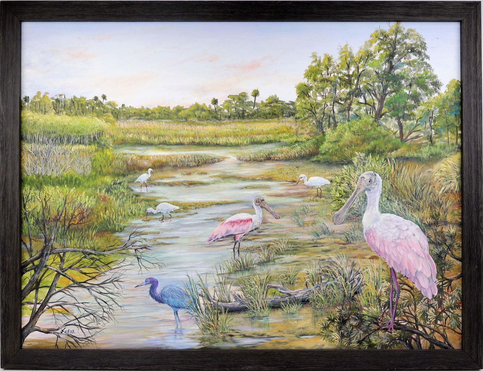 JILL KETTLER FLORIDA ARTIST ROSEATE SPOONBILLS: Kettler, Jill - Florida Artist Painting. Oil on canvas - signed lower left. Executed in brush. A tranquil ode to coexistence—this lowland tableau breathes harmony. The stream's gentle curve guid