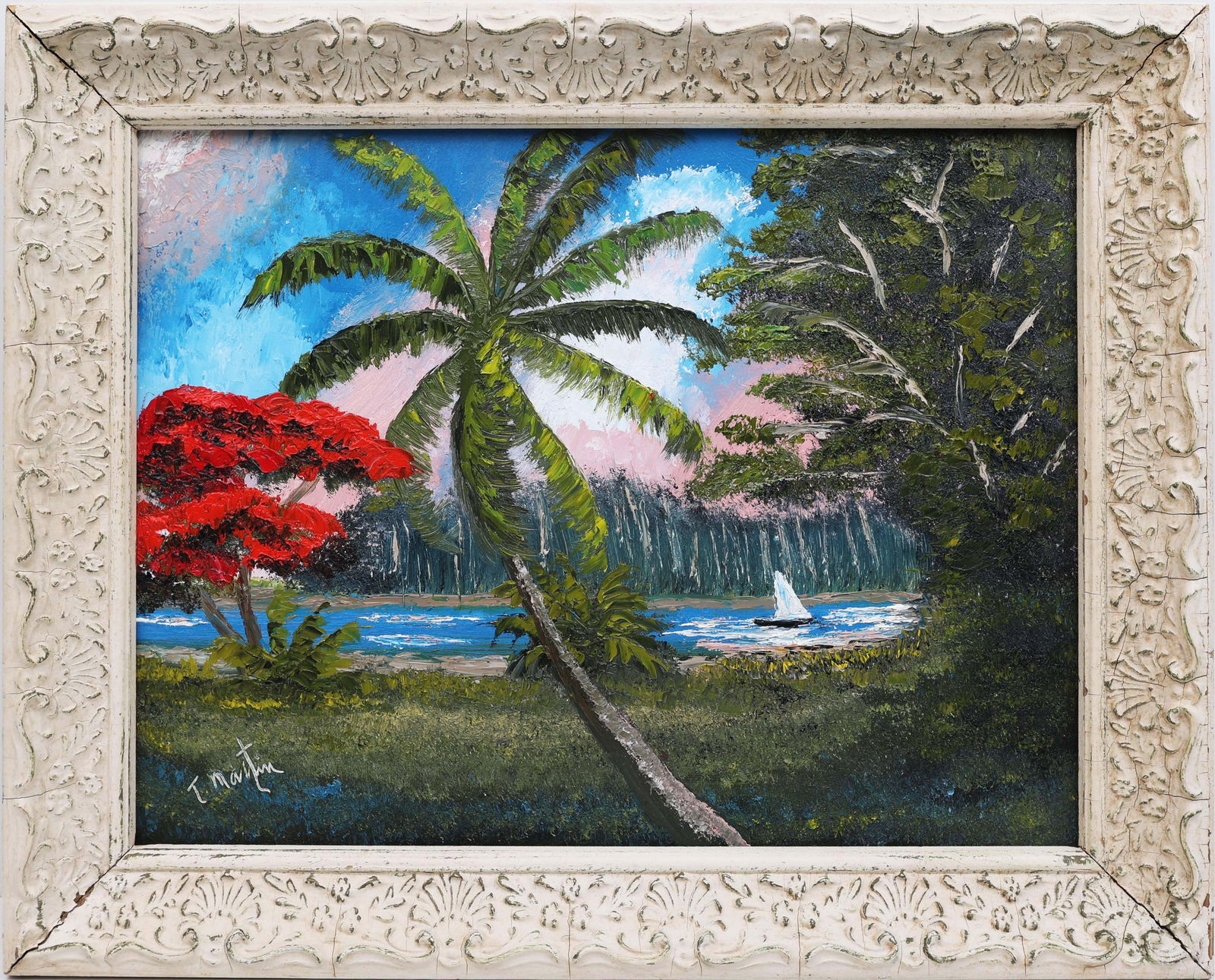 TODD MARTIN FLORIDA ARTIST RIVER SAILING: Martin, Todd - Florida Legacy Artist Painting. Oil on Masonite - signed lower right. Executed in full palette knife. A dense riverside scene unfolds beneath layered greenery. Tall palms rise above the