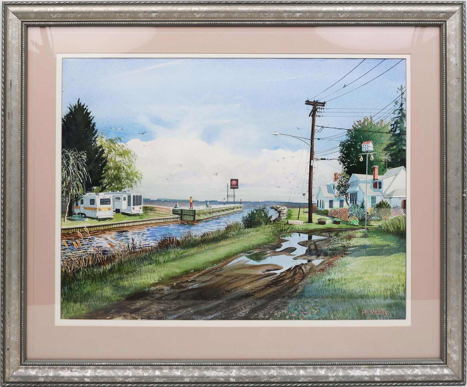HARRY MCVAY FLORIDA ARTIST BREEZY & PLUM POINT MD: McVay, Harry ( B. 1947 ) Florida Artist Painting. Watercolor on paper - signed lower left. Executed in brushwork. Meticulous detail animates this lively canal scene: several fishermen gather along