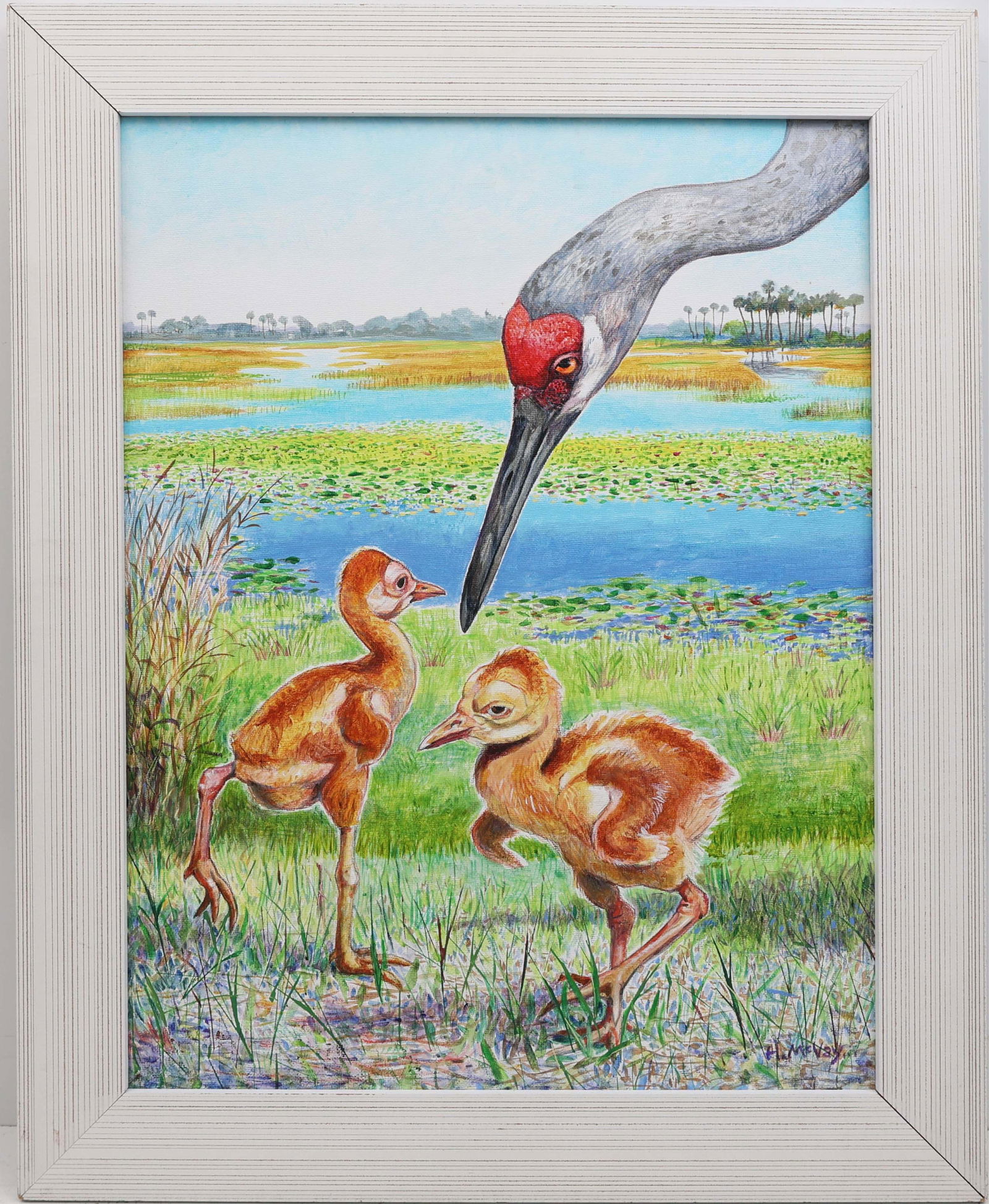 HARRY MCVAY FLORIDA ARTIST SANDHILL CRANES: McVay, Harry ( B. 1947 ) Florida Artist Painting. Acrylic on Masonite - signed lower right. Executed in brush. Tall grasses and scattered waterlilies define the quiet expanse of the wetlands,