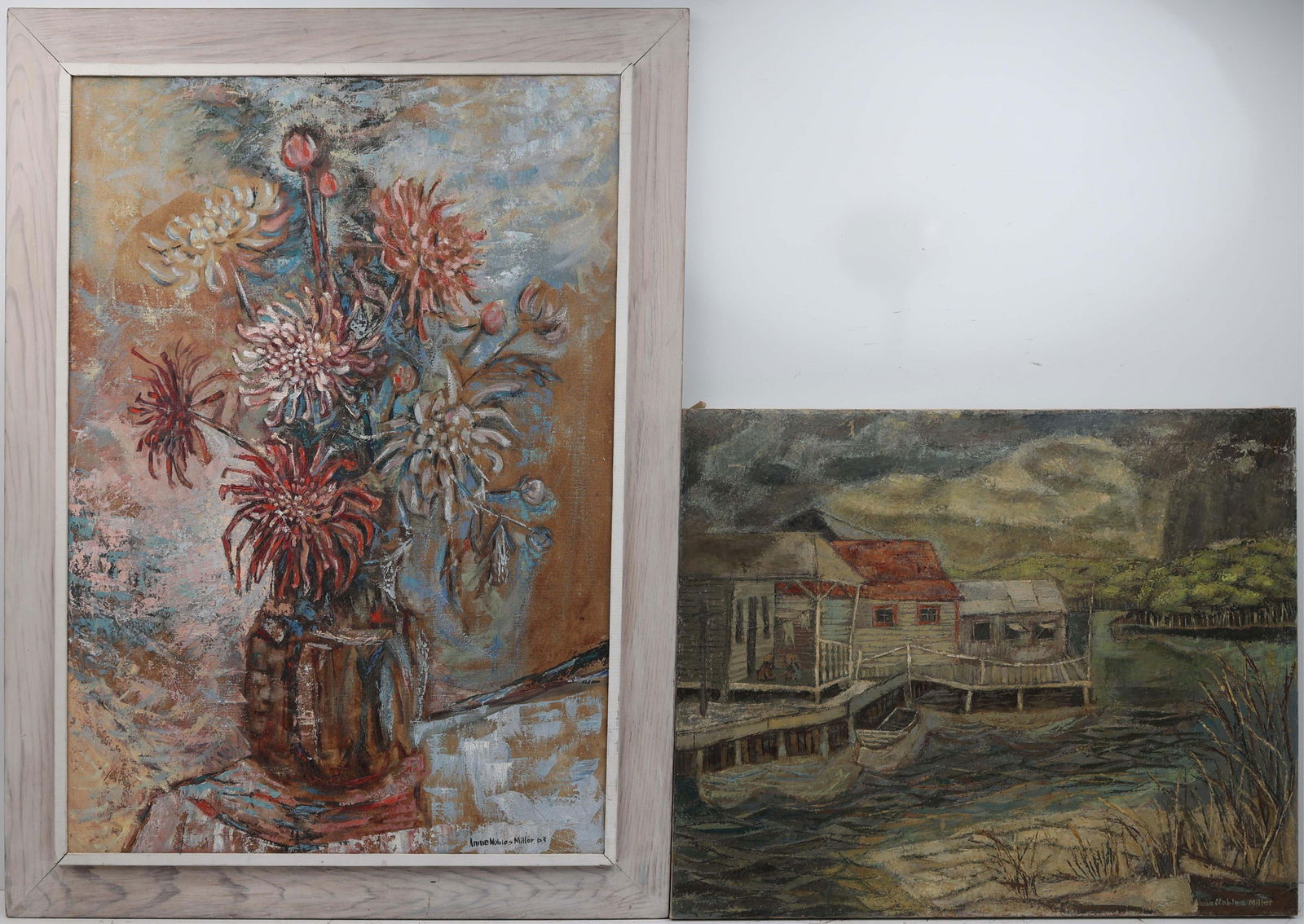 ANNIE NOBLES MILLER FLORIDA ARTIST LOT OF 2: Miller, Annie Nobles (1921-?) Florida Artist Painting. 1. Floral arrangement in vase. Oil on canvas - signed lower right 63 . Executed in brush. Canvas measures 26x36 framed to overall size of