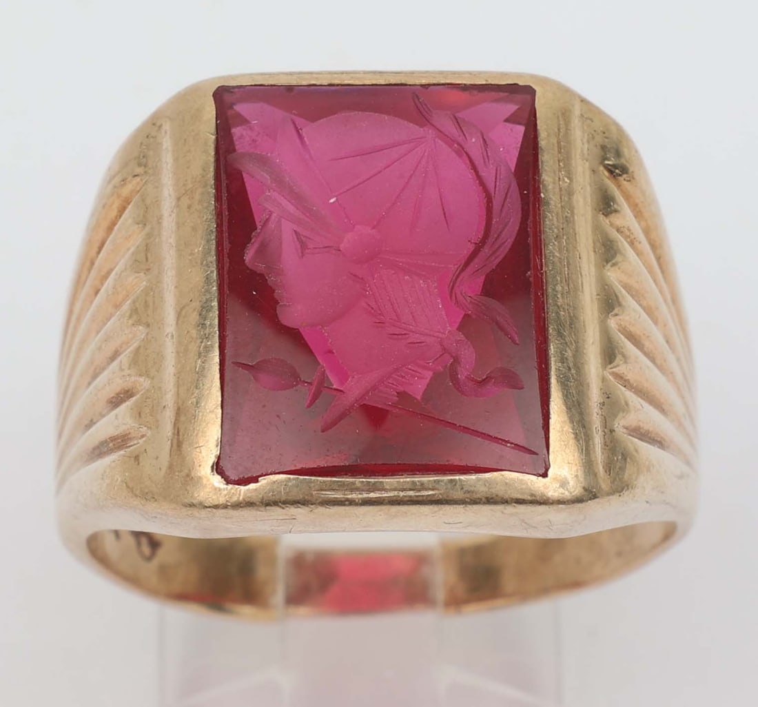 10K MENS SIGNET GLASS INTIGLIO RING (1 of 4)