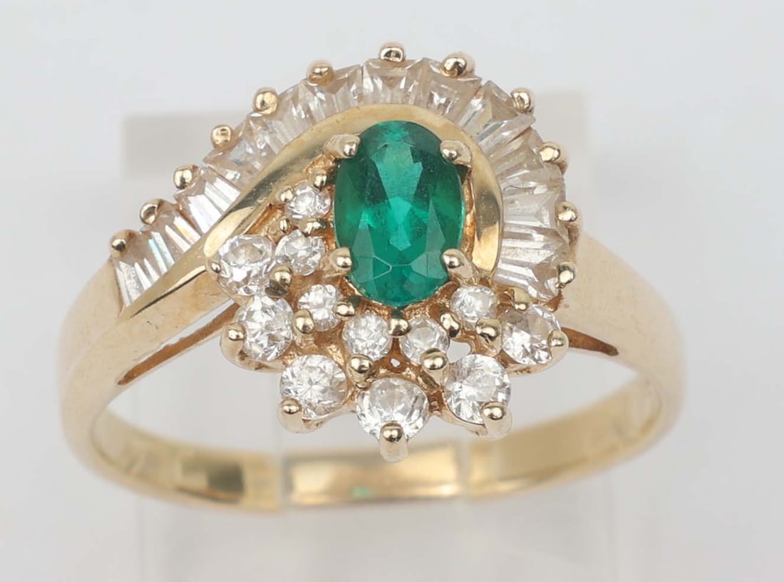 10K LADIES SYNTHETIC EMERALD & CZ RING (1 of 4)