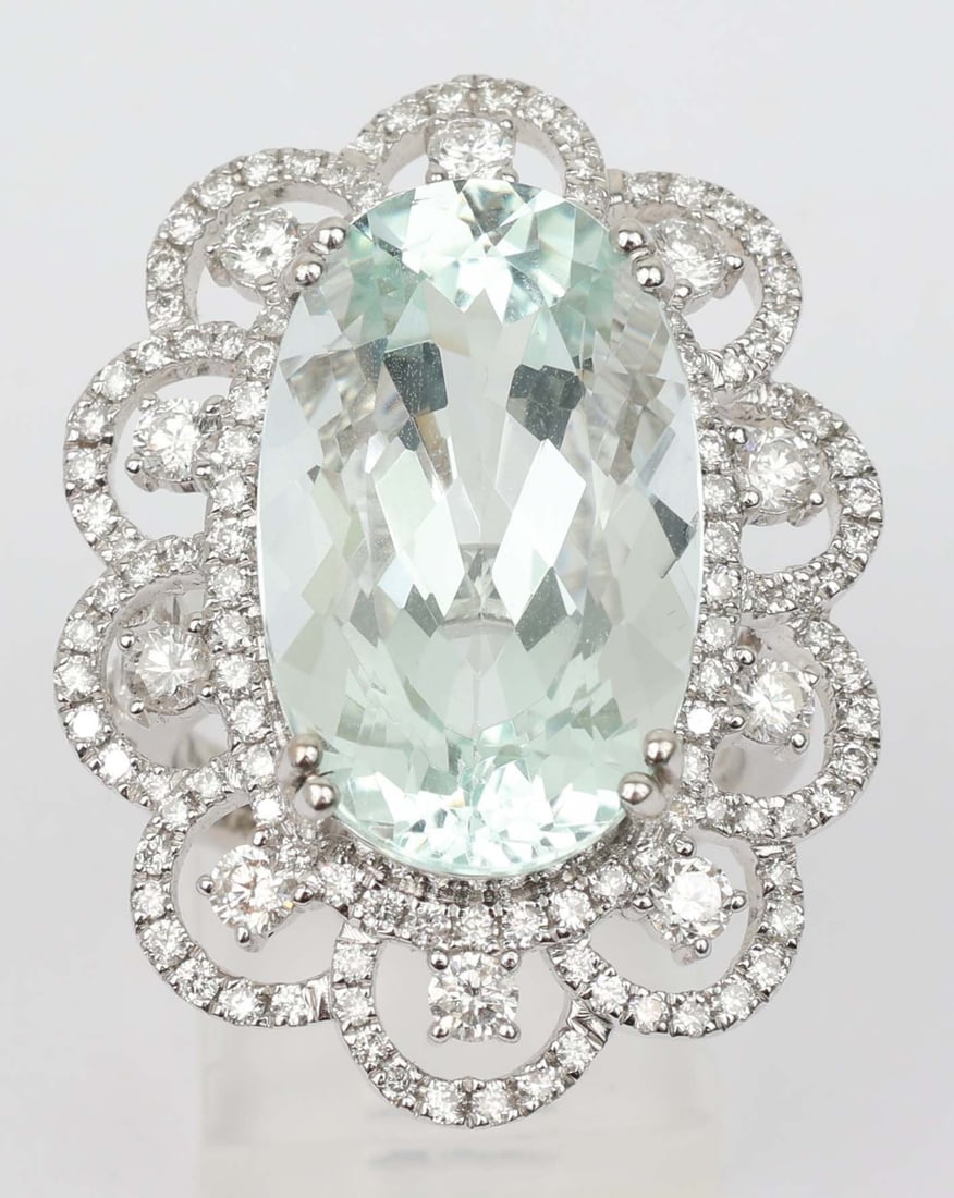 14K MICHAEL CHRISTOFF RING AQUAMARINE & DIAMOND: 14k Michael Christoff White Gold Ring Aquamarine & Diamonds. 1.96 ct in diamonds Vs clarity. one center Aquamarine 14.98 ct. Size: 6.5 Weight: 12.5 Must be paid by Certified Check, money